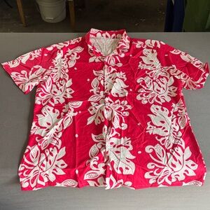 Red & White Aloha Hawaiian Shirt Button Up Tropical Floral Mens